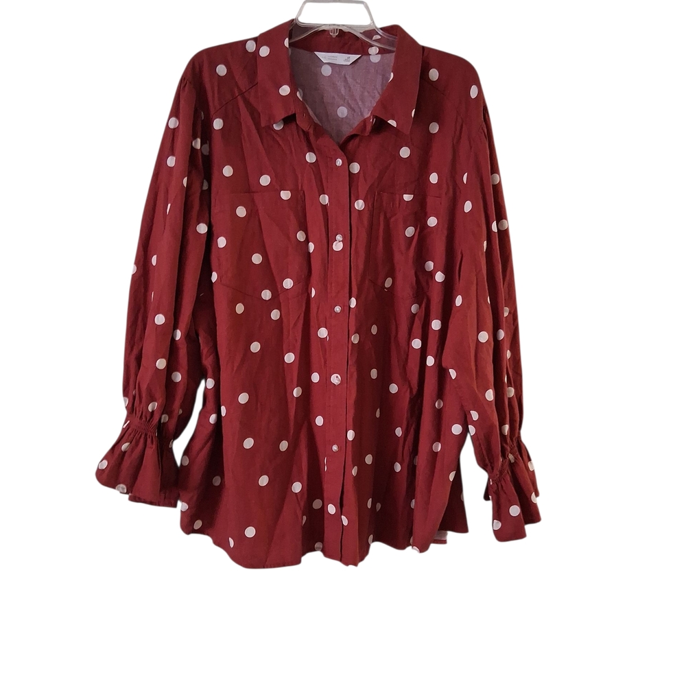 Lauren Conrad Rust Red Polka Dot Long Sleeve Button Up Blouse Size 3X